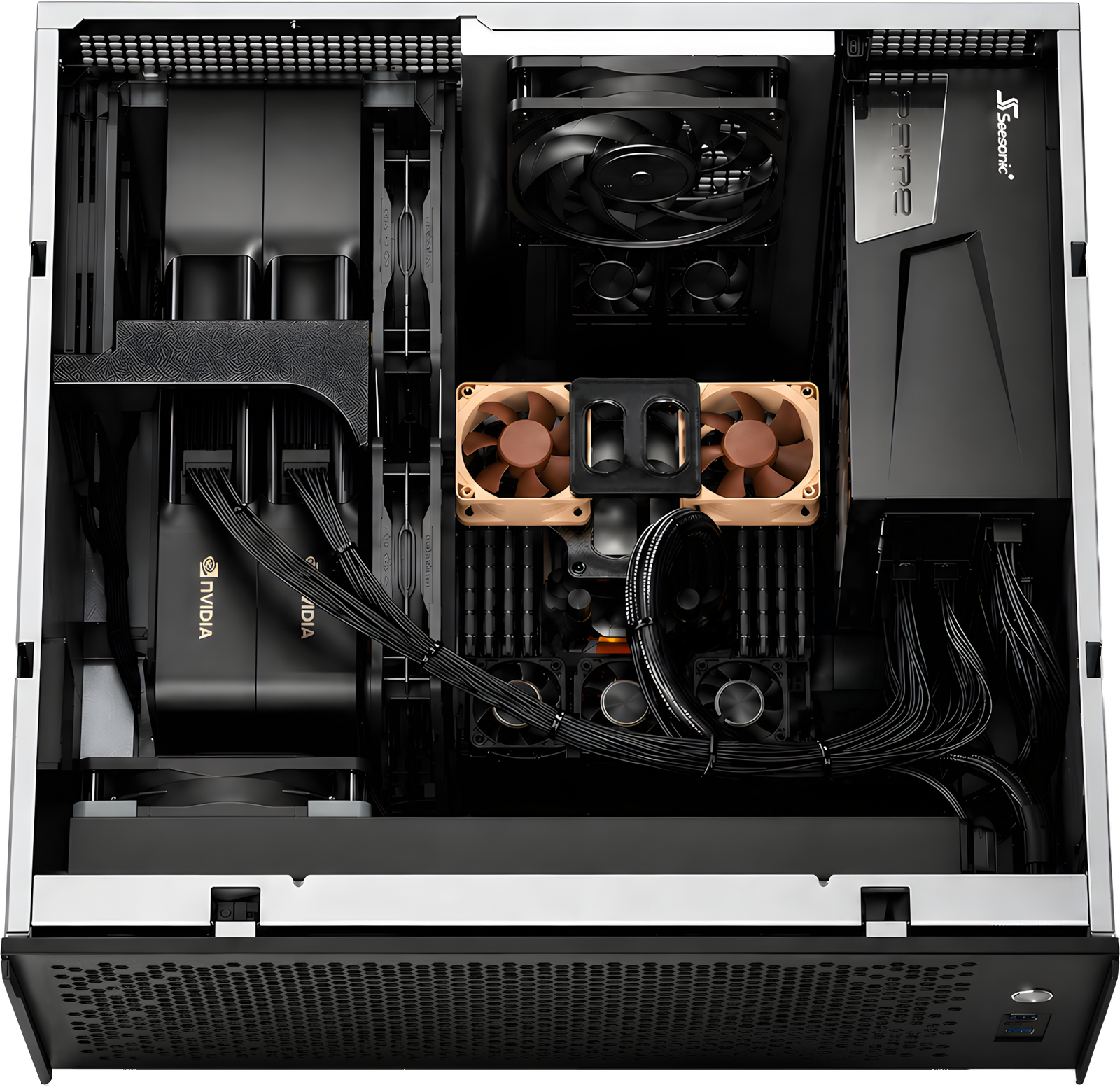 Vista dall'alto del server Neox Metal 4U: doppie GPU NVIDIA, dissipatore ad aria Noctua, radiatore AIO e alimentatore Seasonic